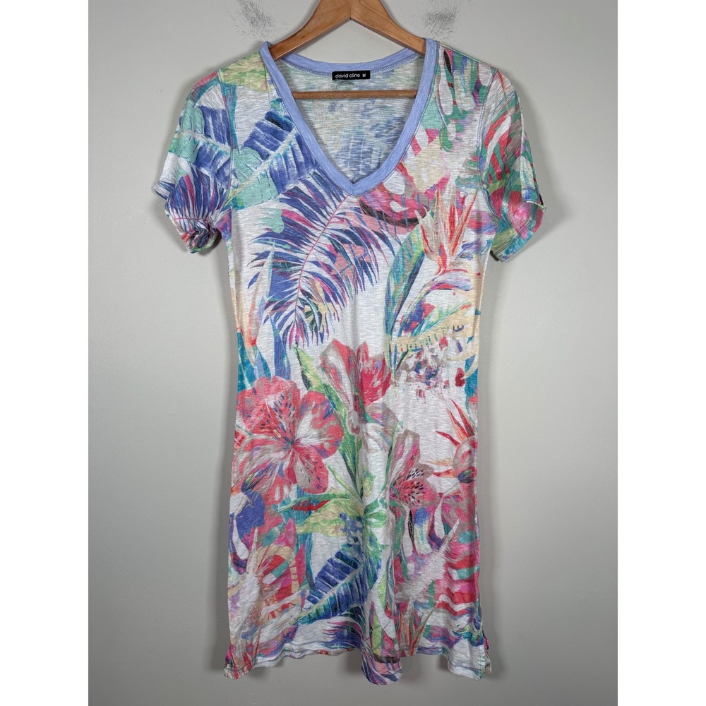 David Cline Tropical Floral V-Neck T-Shirt Dress Womens Medium Pastel Resort